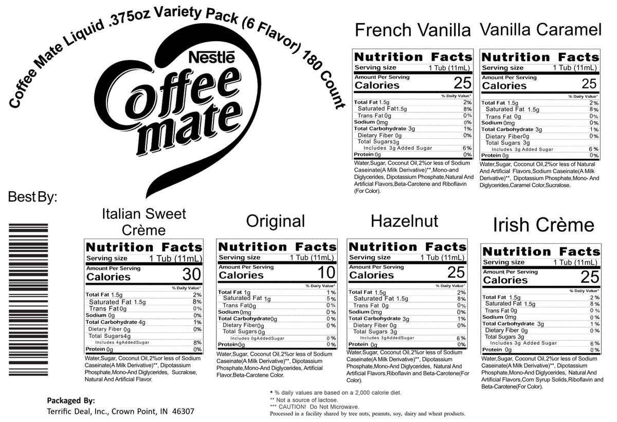 6 Flavor Liquid Creamer Singles by Coffee Mate – 0.38 Fl Oz (Pack of 180), Pack of 180, Model COFEEMATE-6FLAVORS-180-SO
