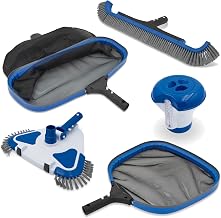 Polaris 5-Piece Manual Pool Cleaning Kit for Above Ground Pools | Leaf Skimmer & Rake, Wall Brush, 3-Wheel Triangle Vacuum Head with Brushes, and Floating Chemical Dispenser with Thermometer