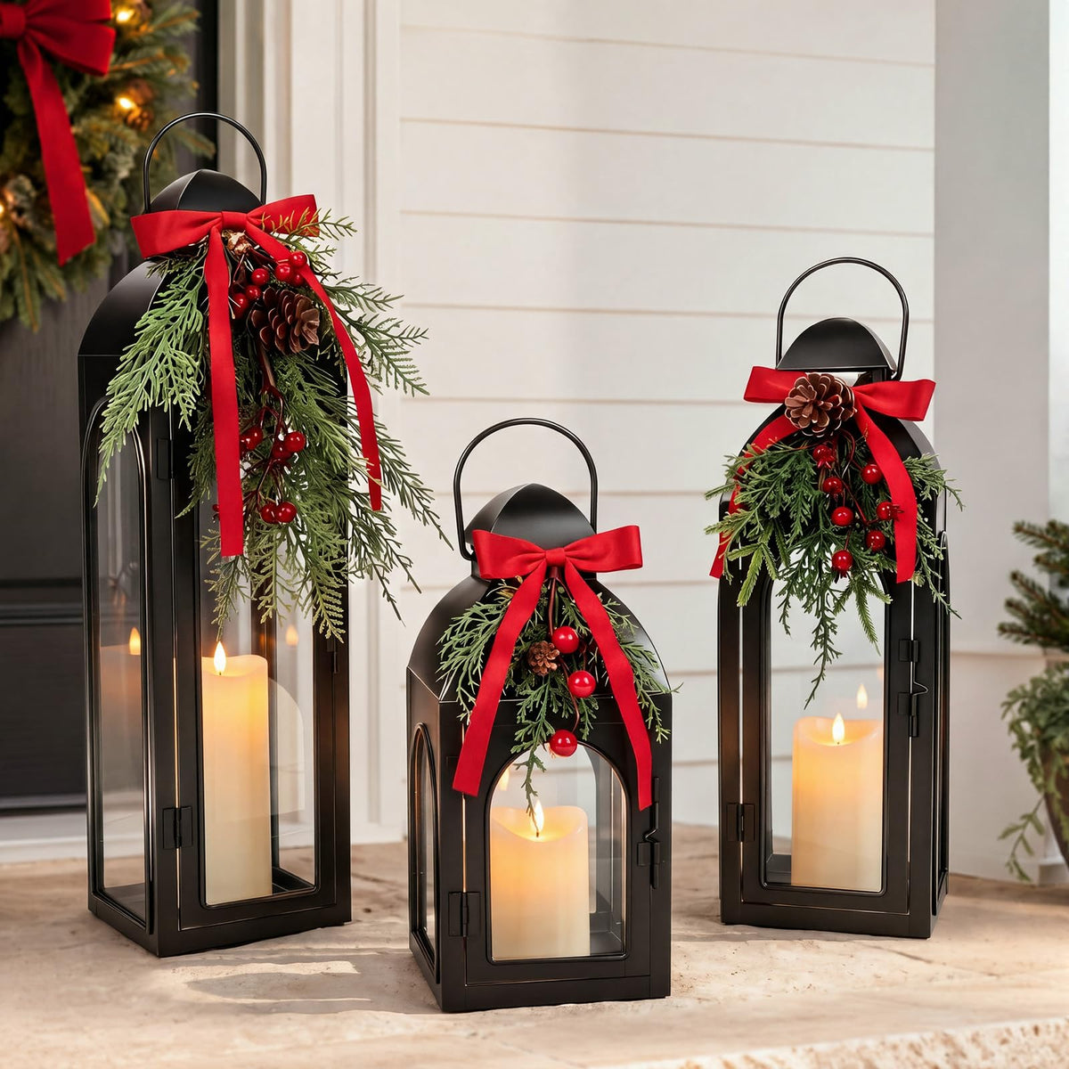 Glooglitter Christmas Lantern Set, 20 16 12 Inch, Black Green Red
