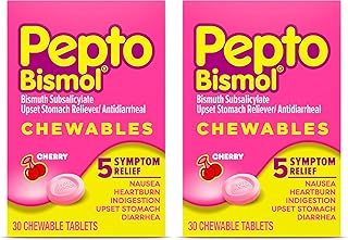 Pepto Bismol Cherry Chewable Tablets, Upset Stomach Relief, Nausea Relief, Heartburn Relief, Indigestion Relief, Anti Diarrhea Medication for Adults - 5 Symptom Relief, 30 ct (Pack of 2)