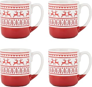 10 Strawberry Street Embossed Reindeer Ceramic Mug, Set of 4 (Red), S4MUG-XMAS