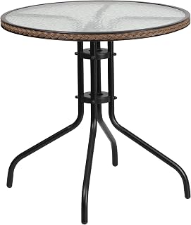 Flash Furniture 28 in Tempered Glass Round Table, Dark Brown | Tempered Glass, Dark Brown Rattan Edging