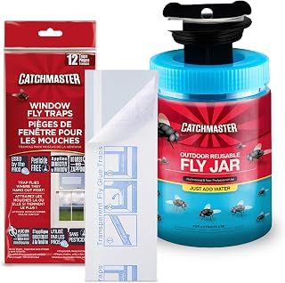 Catchmaster Fly Trap Bundle, Window Fly Traps 12-Pack & Outdoor Fly Jar, for Garage, Backyard, Pool, Patio & Camping