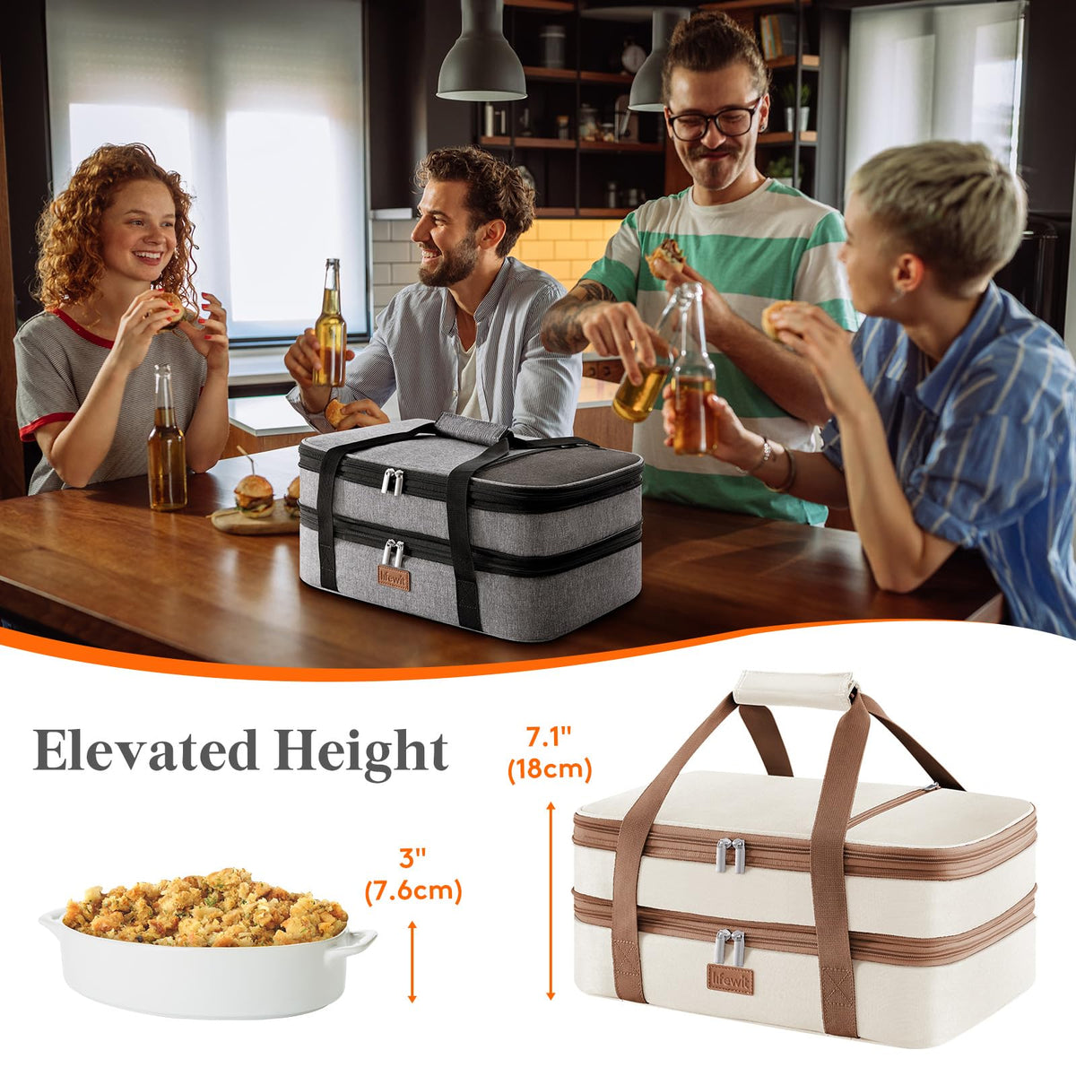 Lifewit Expandable Insulated Casserole Carrier, Double Decker, Cream