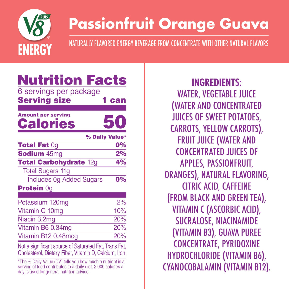 Energy Passionfruit Orange Guava Energy Drink by V8 – Pack of 6 (8 Fl Oz), Model 200000029305