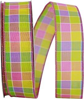 Reliant Ribbon Colorful Stitch Check Wired Edge Ribbon, 1-1/2 Inch X 20 Yards, Multi
