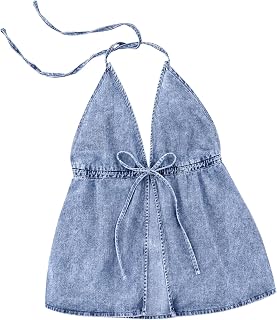 Women's Denim Halter Top Self Tie Sleeveless Jean Crop Tank Tops