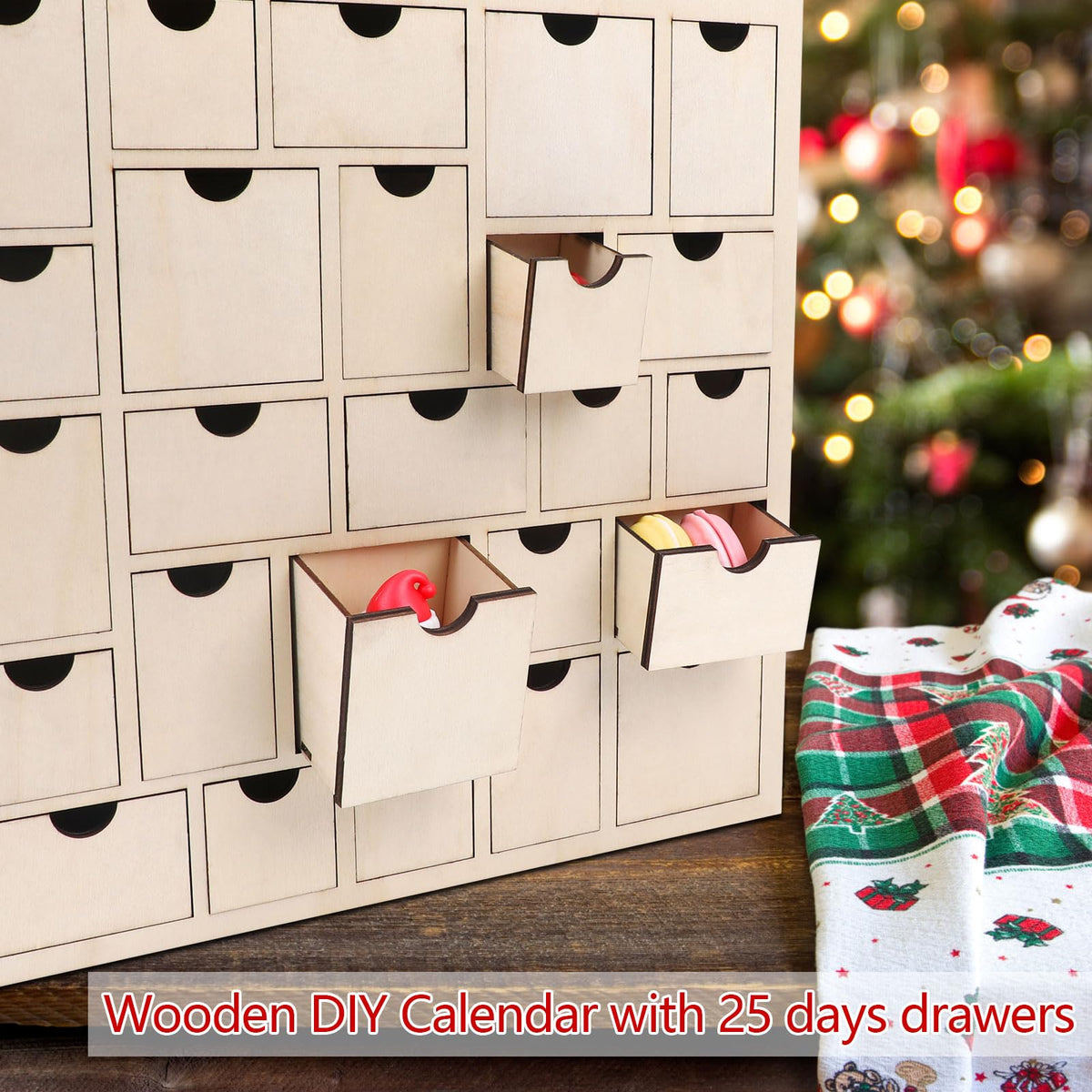 CCINEE Wooden Advent Calendar, 25 Drawers, Natural Wood