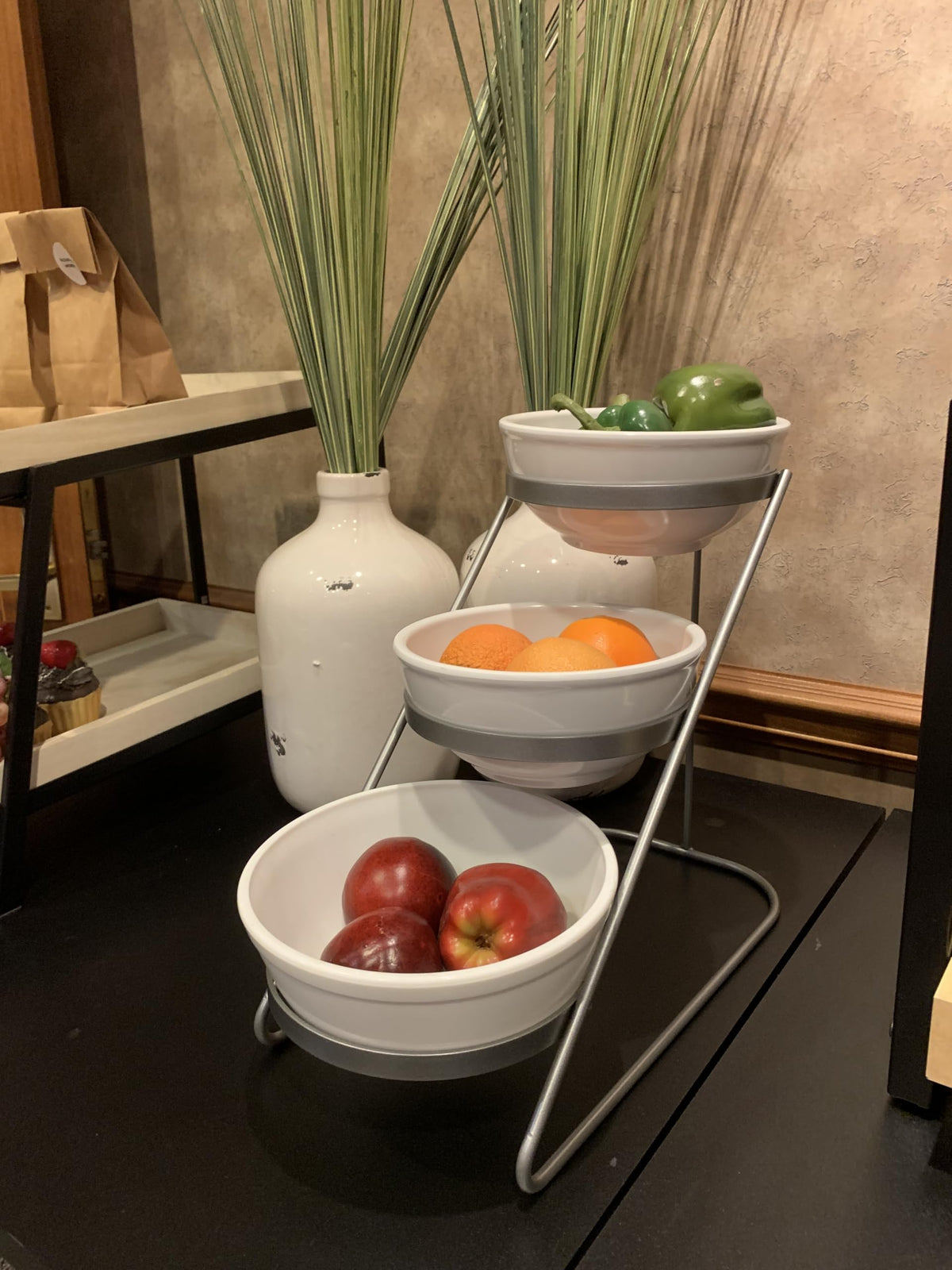 3-Tier Metal Wire Bowl Display Stand with 3 White Melamine Bowls by HUBERT – Metal, Silver, Model 211856