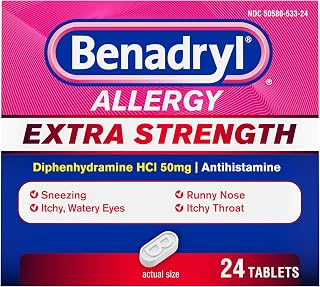 Benadryl Extra Strength Allergy Tablets, 50 mg Diphenhydramine HCl, 24 Ct