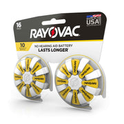 Size 10 Hearing Aid Batteries (16 Pack) by Rayovac – 16 Count, Plastic, Yellow Tab, Model 10-16