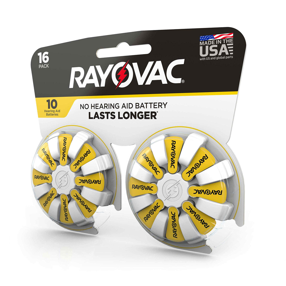 Size 10 Hearing Aid Batteries (16 Pack) by Rayovac – 16 Count, Plastic, Yellow Tab, Model 10-16