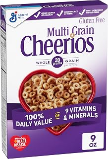 Multi Grain Cheerios, Heart Healthy Breakfast Cereal, Gluten Free, 9 oz | 28g Whole Grain per Serving, 100% DV of 9 Vitamins & Minerals, Low Fat, Sat Fat Free, No Artificial Flavors
