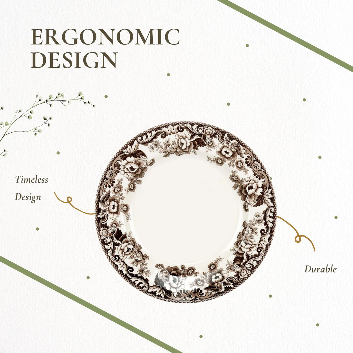 Spode Delamere Earthenware Salad Plates, 8 Inch Diameter, Set of 4, Brown and White