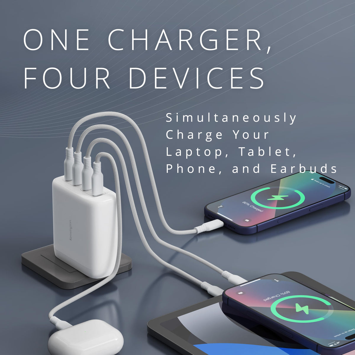 140W USB-C GaN Power Adapter 4 Port Charger with Cable by Kensington – Commercial Grade
