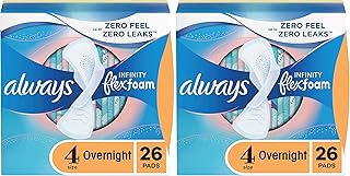 Always Infinity with FlexFoam Pads for Women, Size 4, Overnight Absorbency with Wings, 26 Count (Pack of 2)