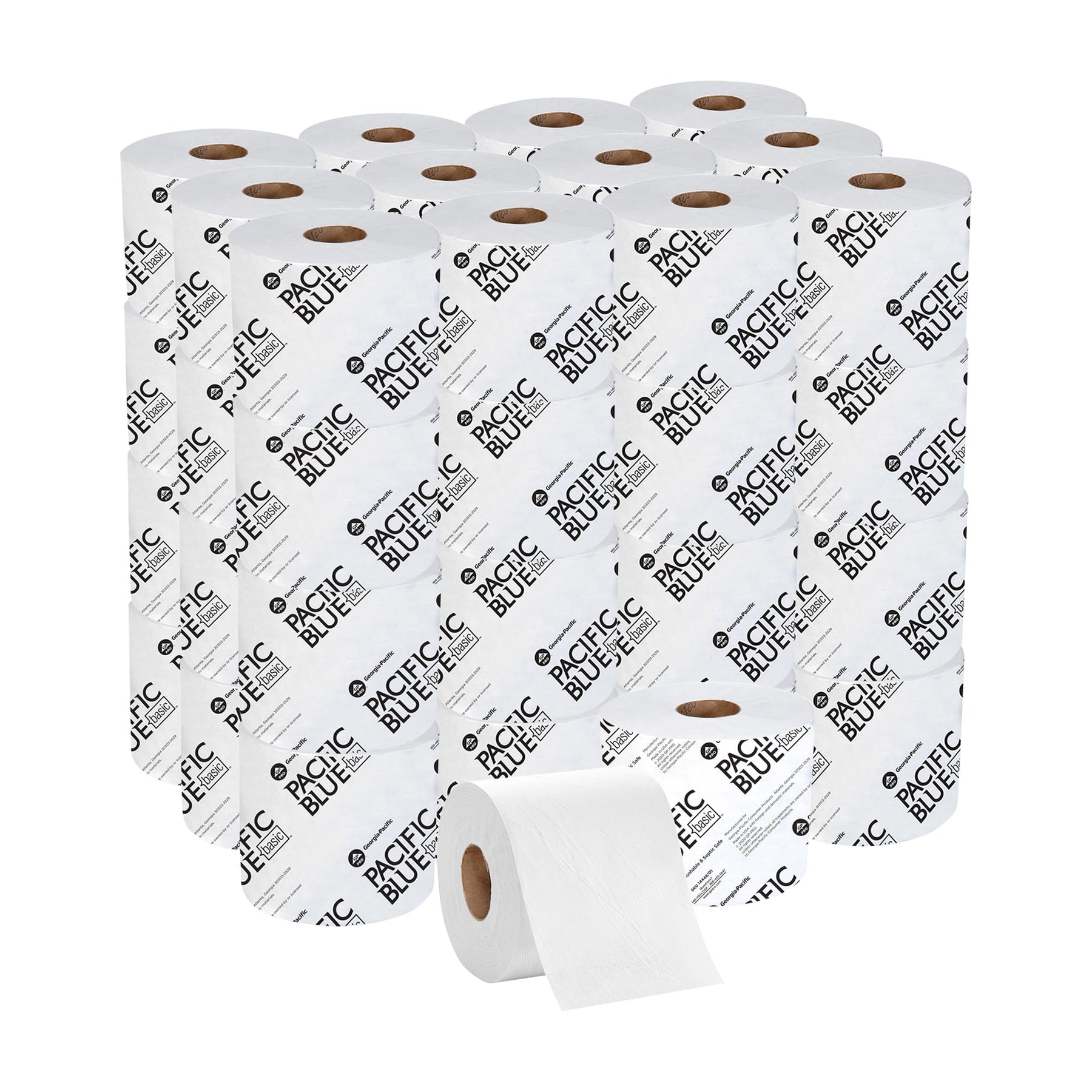Georgia Pacific, Pacific Blue Basic 1-Ply Toilet Paper, 14448/01, 1,500 Sheets Per Roll, 48 Rolls Per Case