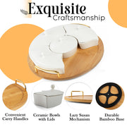 Oui Raquel Chip and Dip Serving Set, Rotating Lazy Susan, 5 Ceramic Bowls with Lids, White