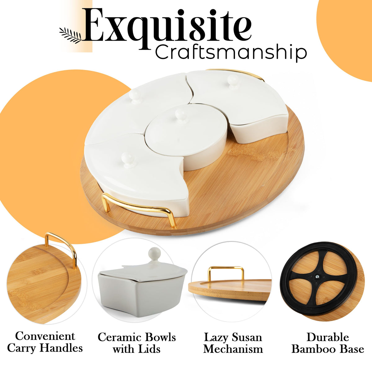 Oui Raquel Chip and Dip Serving Set, Rotating Lazy Susan, 5 Ceramic Bowls with Lids, White