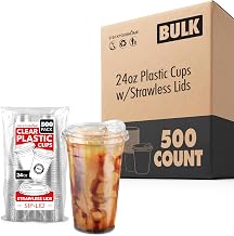 24 oz Clear Plastic Cups with Lids Disposable, Togo Drinking Cup with Strawless Sip Lid for Smoothie, Cold Brew Iced Coffee, Lemonade, Ice Latte, Boba, Party Drinks, Bulk, 24 Ounce (Set of 500)