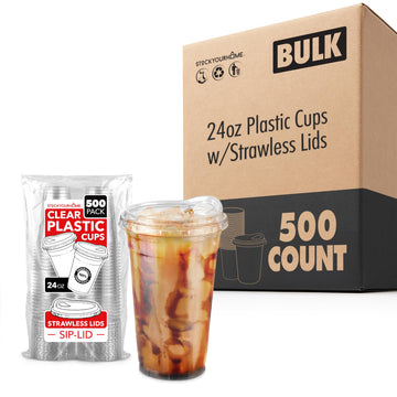 24 oz Clear Plastic Cups with Lids Disposable by Stock Your Home – 2 Pack Pack of 250, 24.0 ounces, Plastic, Clear, Pack of 500