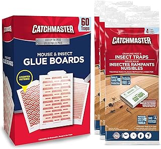 Catchmaster Pro Strength Mouse & Crawling Insect Glue Trap Set, 60-Pack & 12-Pack Sticky Pest Control Adhesive for Catching Bugs, Rats & Rodents