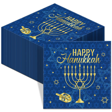 Honoson Hanukkah Napkins, 100 Count Paper Cocktail, Blue Gold