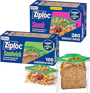 Ziploc Sandwich and Snack Bags Bundle, Easy Open and Close, Plastic Food Storage Bags, 105 Count and 280 Count