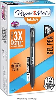 Paper Mate Inkjoy Gel Pen, Retractable, Medium 0.7 Mm, Black Ink, Black Barrel, Dozen
