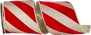 Reliant Ribbon Diagonal Glitter Bars Plush Velvet Deluxe Gold Backed Wired Edge, Red/Gold, 4 Inch, 5 Yards