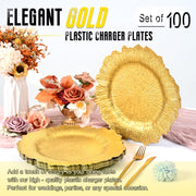 Tomeurperf Charger Plates, Plastic 13 Inch, Gold 100 Pack