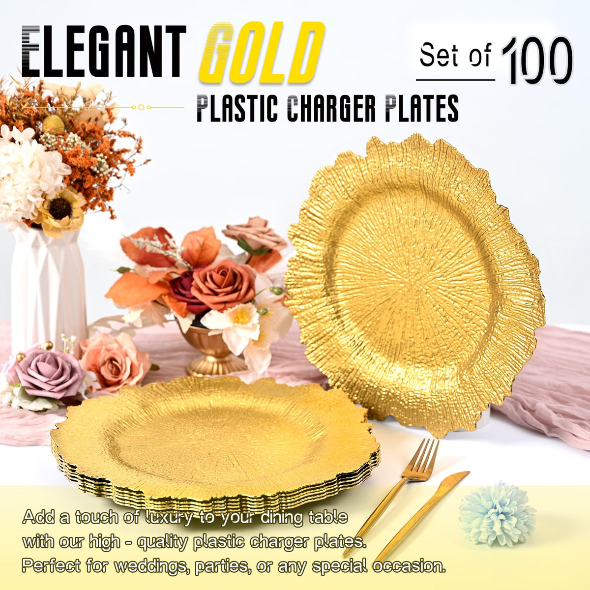 Tomeurperf Charger Plates, Plastic 13 Inch, Gold 100 Pack