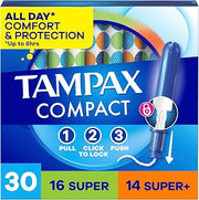 Tampax Compact Pearl Tampons for Women Multipack, with LeakGuard Braid & Extendable Applicator, Super/Super Plus Absorbency, Compact Extendable Applicator, Unscented, 30 Count