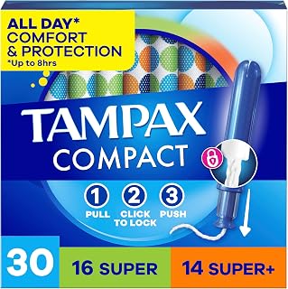 Tampax Compact Pearl Tampons for Women Multipack, with LeakGuard Braid & Extendable Applicator, Super/Super Plus Absorbency, Compact Extendable Applicator, Unscented, 30 Count