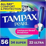 Tampax Pearl Tampons for Women Multipack, with LeakGuard Braid, Super/Ultra Absorbency, Unscented, 56 Count