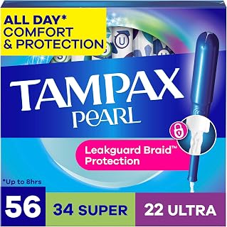 Tampax Pearl Tampons for Women Multipack, with LeakGuard Braid, Super/Ultra Absorbency, Unscented, 56 Count