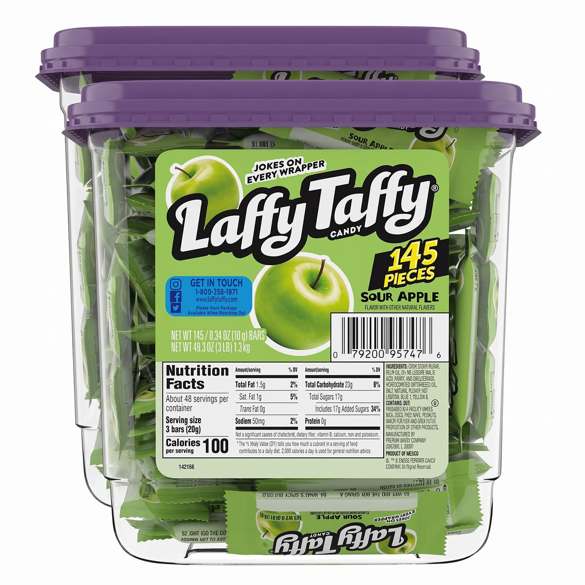 Jar, Sour Apple, 145 Count (Pack of 2) by Laffy Taffy – 49.3 Ounce (145 Count) (Pack of 2), Assorted, Pack of 2, Model 28000721213