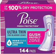 Poise Ultra Thin Incontinence Pads for Women, 4 Drop, Long, 144 ct