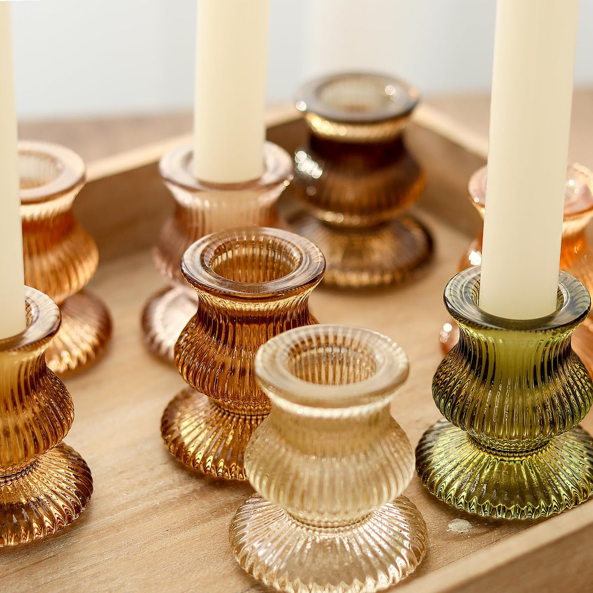 WDHODEC Glass Candlestick Holders, 12 Piece Set, Brown & Amber