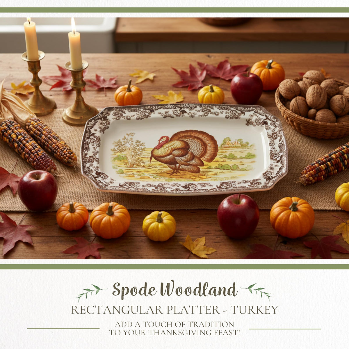 Spode Woodland Turkey Platter, Rectangular Porcelain, 17.5 Inch Brown White