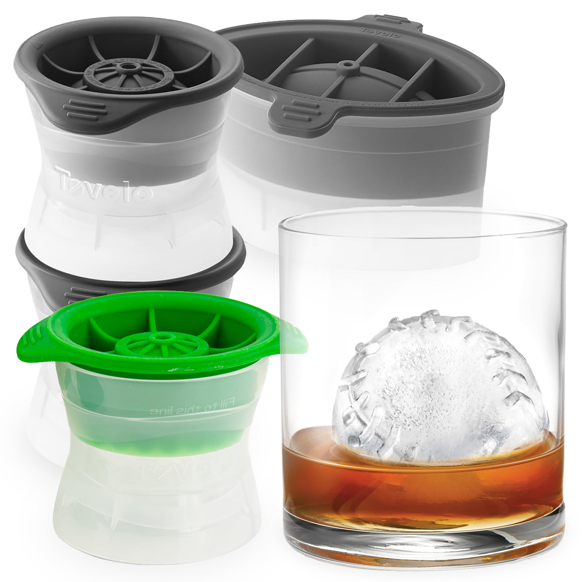 Sports Ice Mold Bundle Set of 4 Golf Ball Football Baseball Shapes Large Craft Ice Cubes for Whiskey Cocktails with Silicone Lids by Tovolo – Set of 4, Model 22042-999