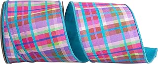 Reliant Ribbon Plaid Bright Deluxe Turquoise Backed Wired Edge, Turquoise, 4 Inch, 10 Yards