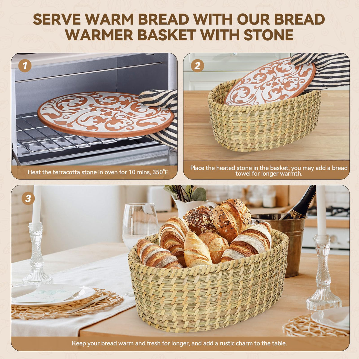 Willow Weave Woven Serving Basket with Warming Stone, Natural, 12 x 8.25 x 4.7 Inches
