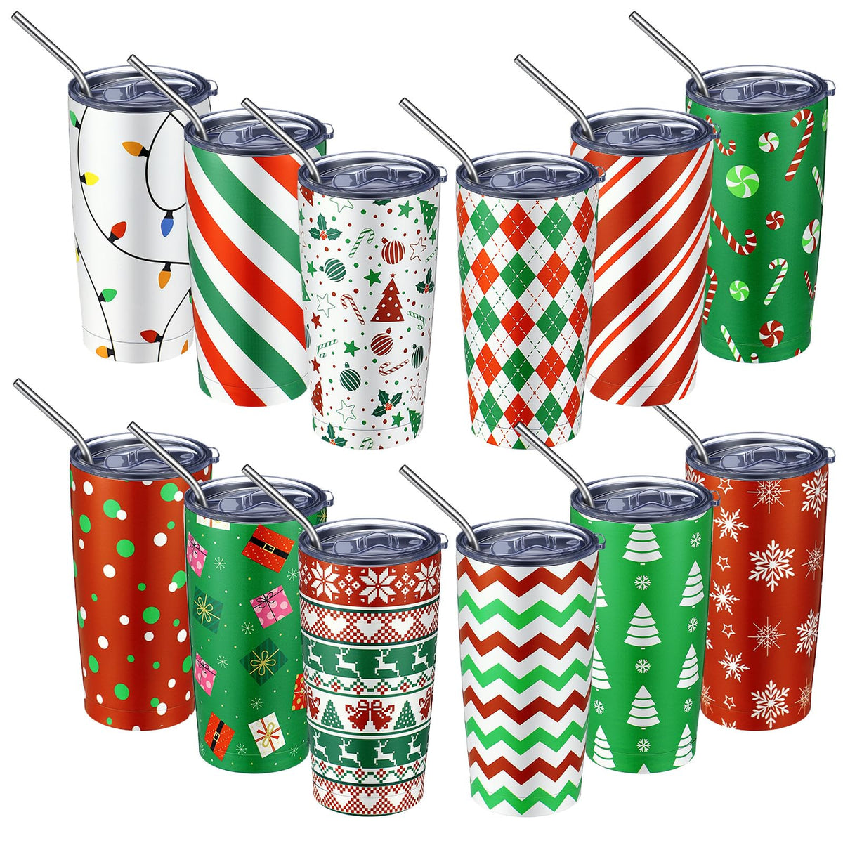 Lemosae Christmas Tumblers, 20oz Insulated Stainless Steel, Set of 12 Stripe Style