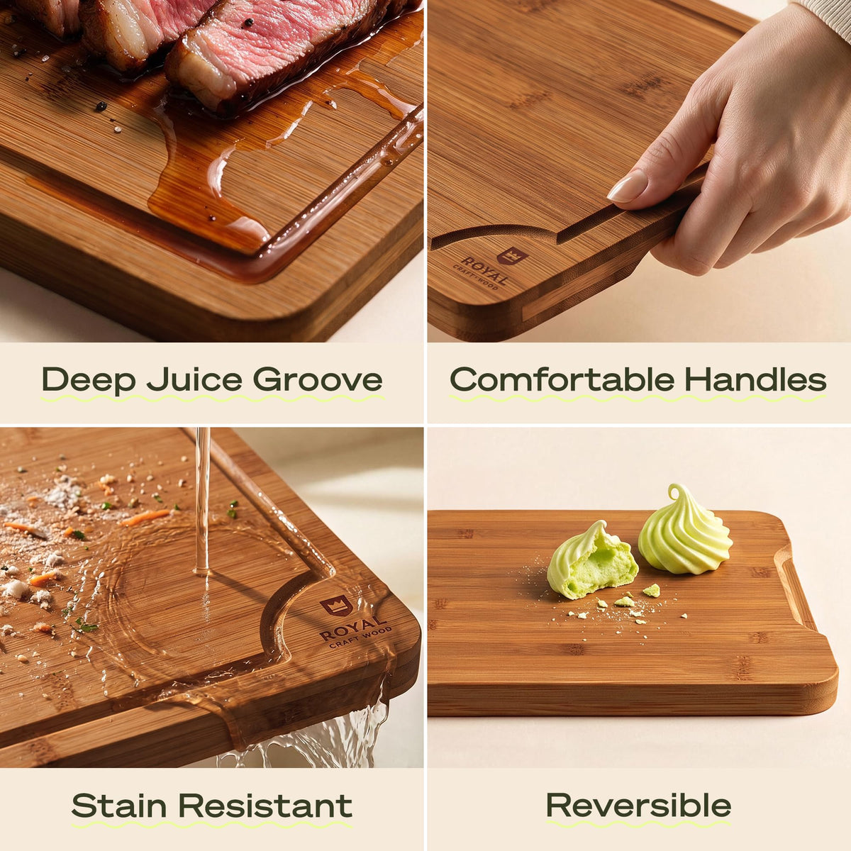 Royal Craft Wood Bamboo Cutting Board Set, 3 Piece with Juice Groove, Brown