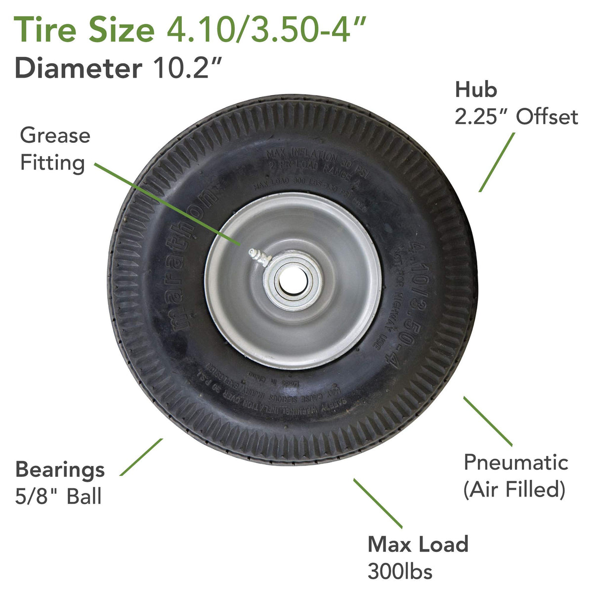 Pneumatic 4.10/3.50-4” Tire and Wheel Assembly by Marathon – 5/8" Ball Bearings, Alloy Steel, Black and Gray Rim, Model 20010