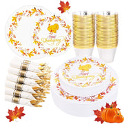 Ciaell Thanksgiving Disposable Dinnerware Set, 175 Pieces, White and Gold