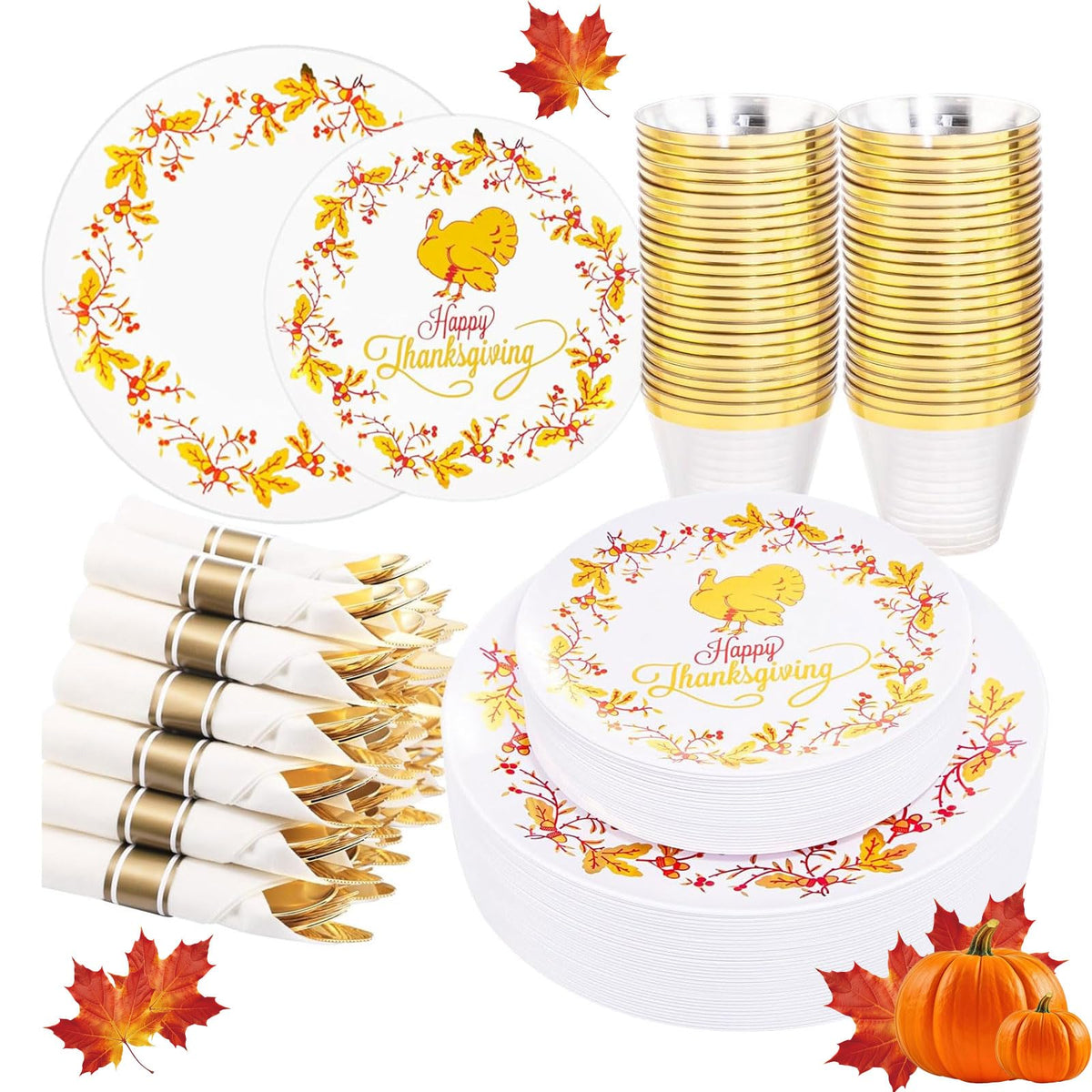 Ciaell Thanksgiving Disposable Dinnerware Set, 175 Pieces, White and Gold