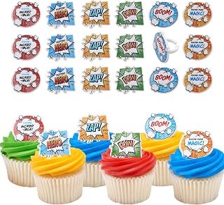 DecoPac Superhero Rings, 24 Comic Book Cupcake Decorations, Food Safe Cake Toppers - 24 Pack