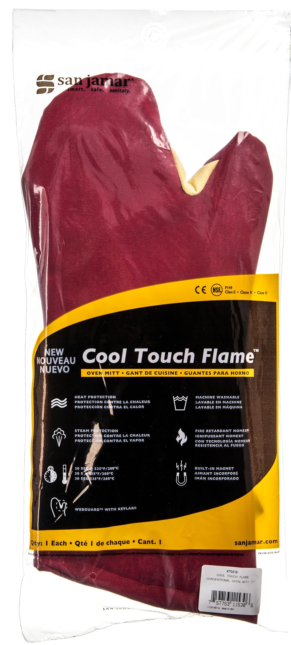 Carlisle FoodService Products Cool Touch Flame Conventional High Heat Intermittent Flame Protection up to 900°F Oven Mitt by San Jamar – 17", Fiber, Red, Model KT0218